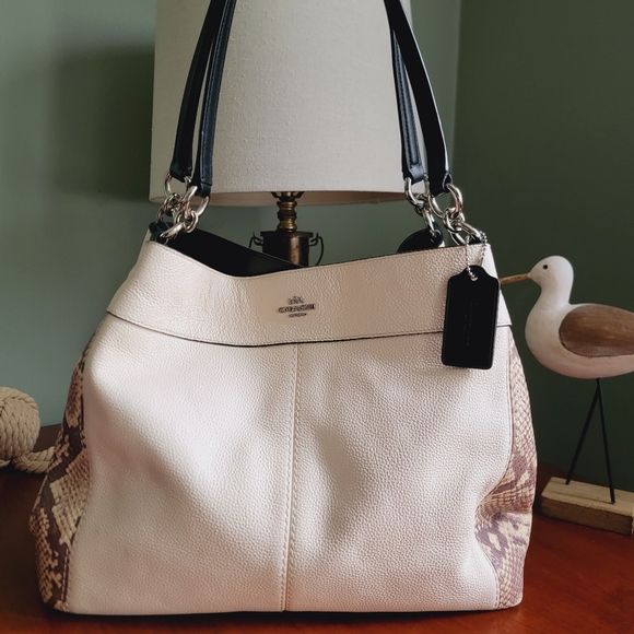 Coach Lexy Shoulder Bag White Pebbled Leather Snakeskin Embossed & Black #F57505 - Picture 1 of 16